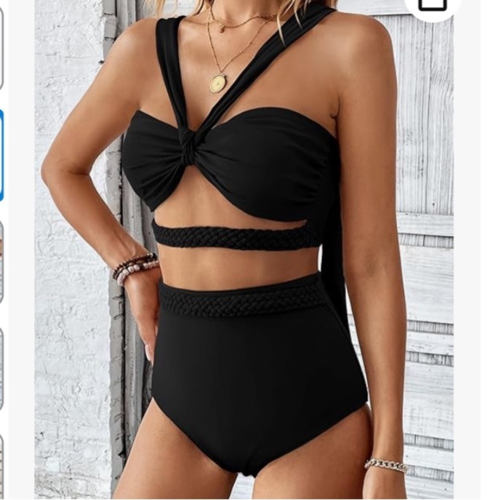Sporlike Black Braided High Waisted Bikini Swimsuit Sz L NWT